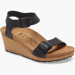 Papillio by Birkenstock Black Leather Wedge Sandals with Adjustable Straps